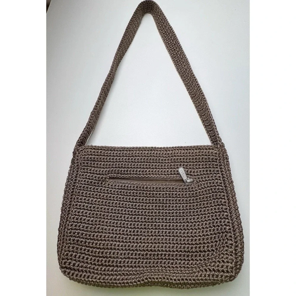 The Sak Purse Womens Brown Crochet Shoulder Bag Pockets Zip